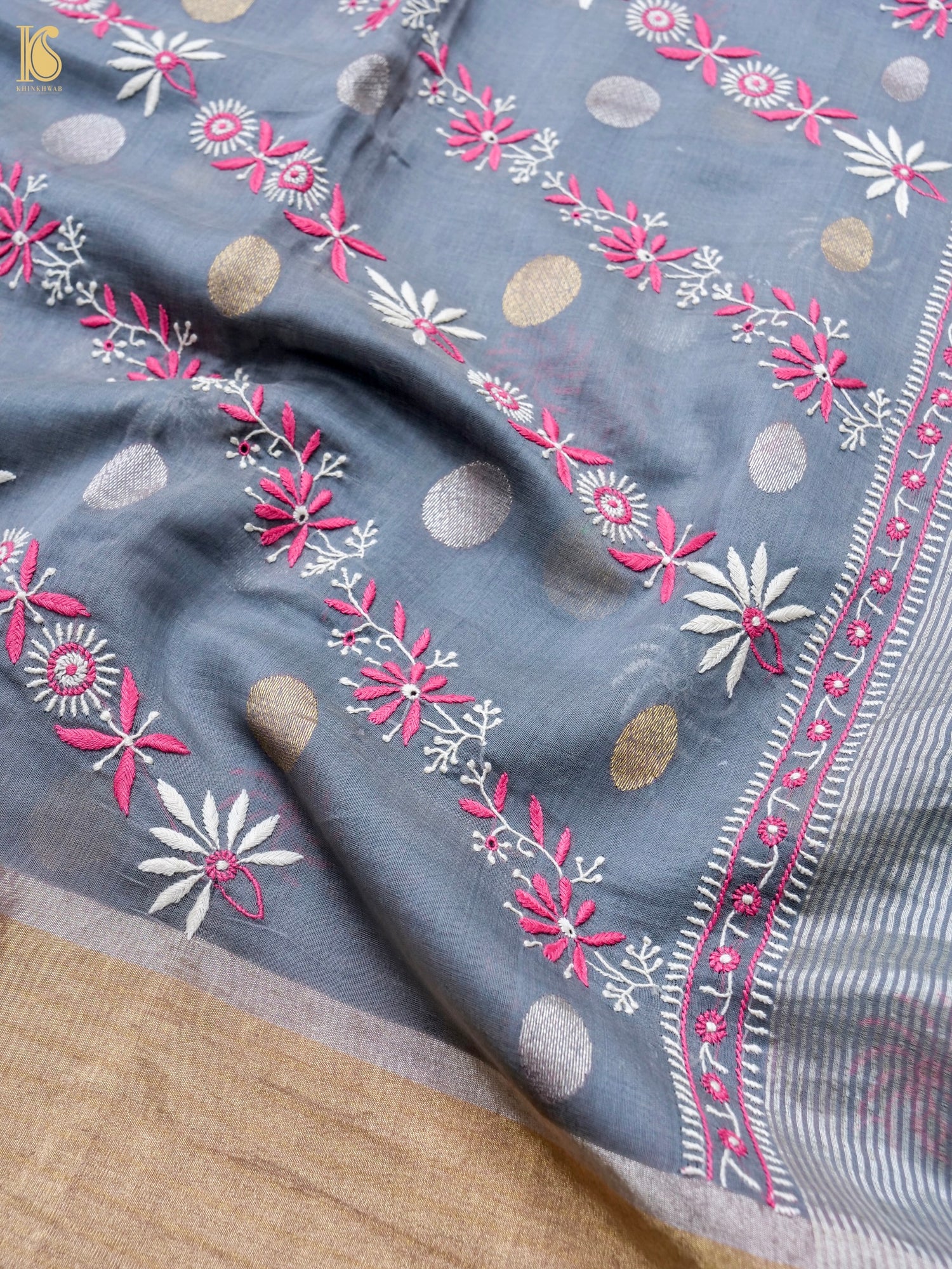 Hand Embroidered Chikankari Chanderi Saree in Grey