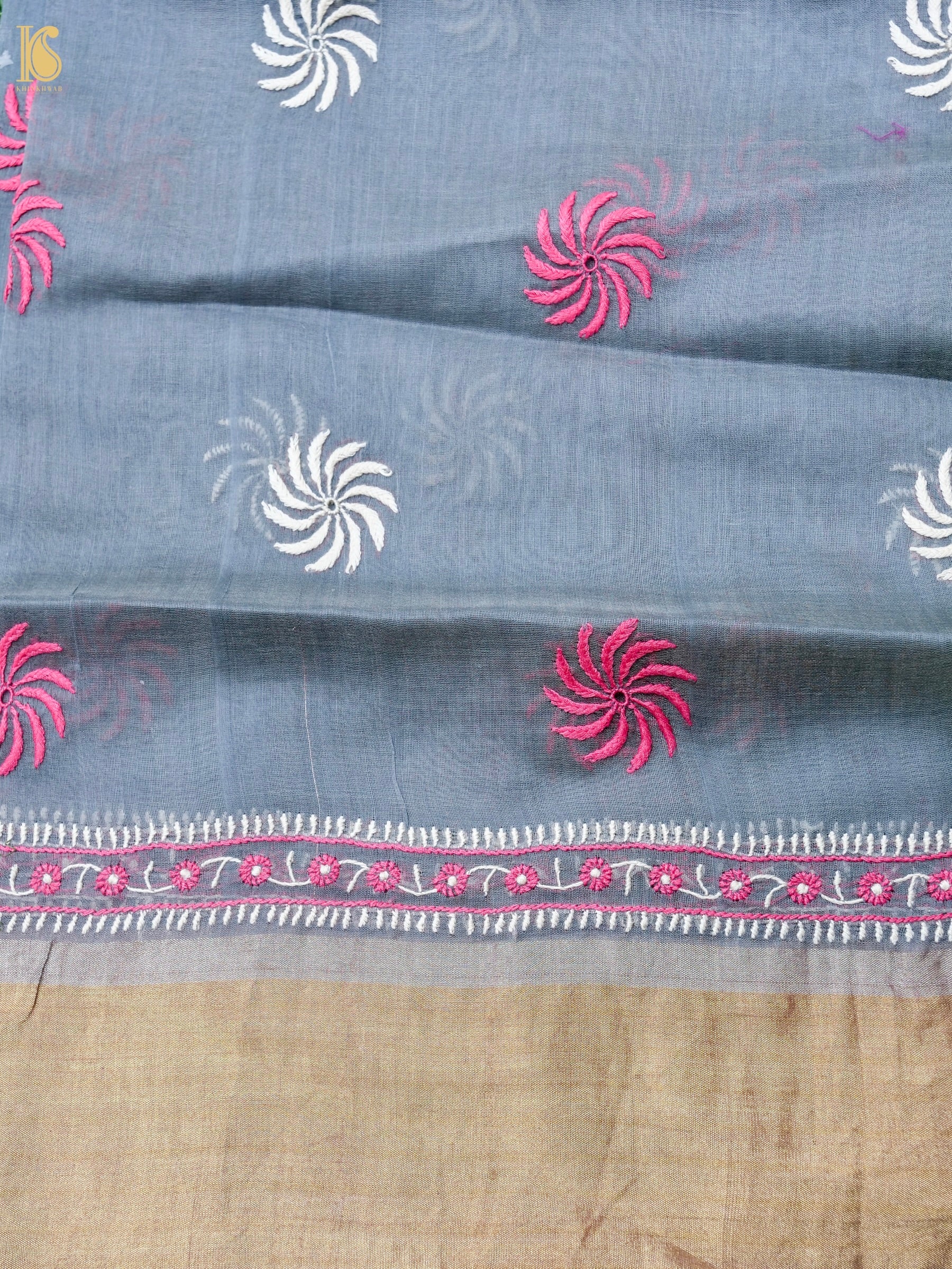 Hand Embroidered Chikankari Chanderi Saree in Grey