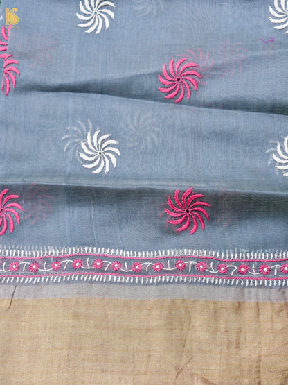 Hand Embroidered Chikankari Chanderi Saree in Grey