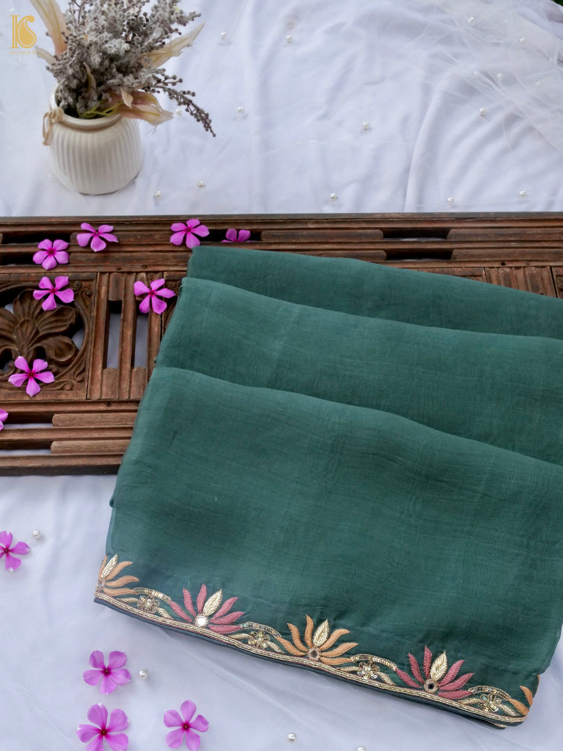 Georgette Organza Embroidery Saree in Green