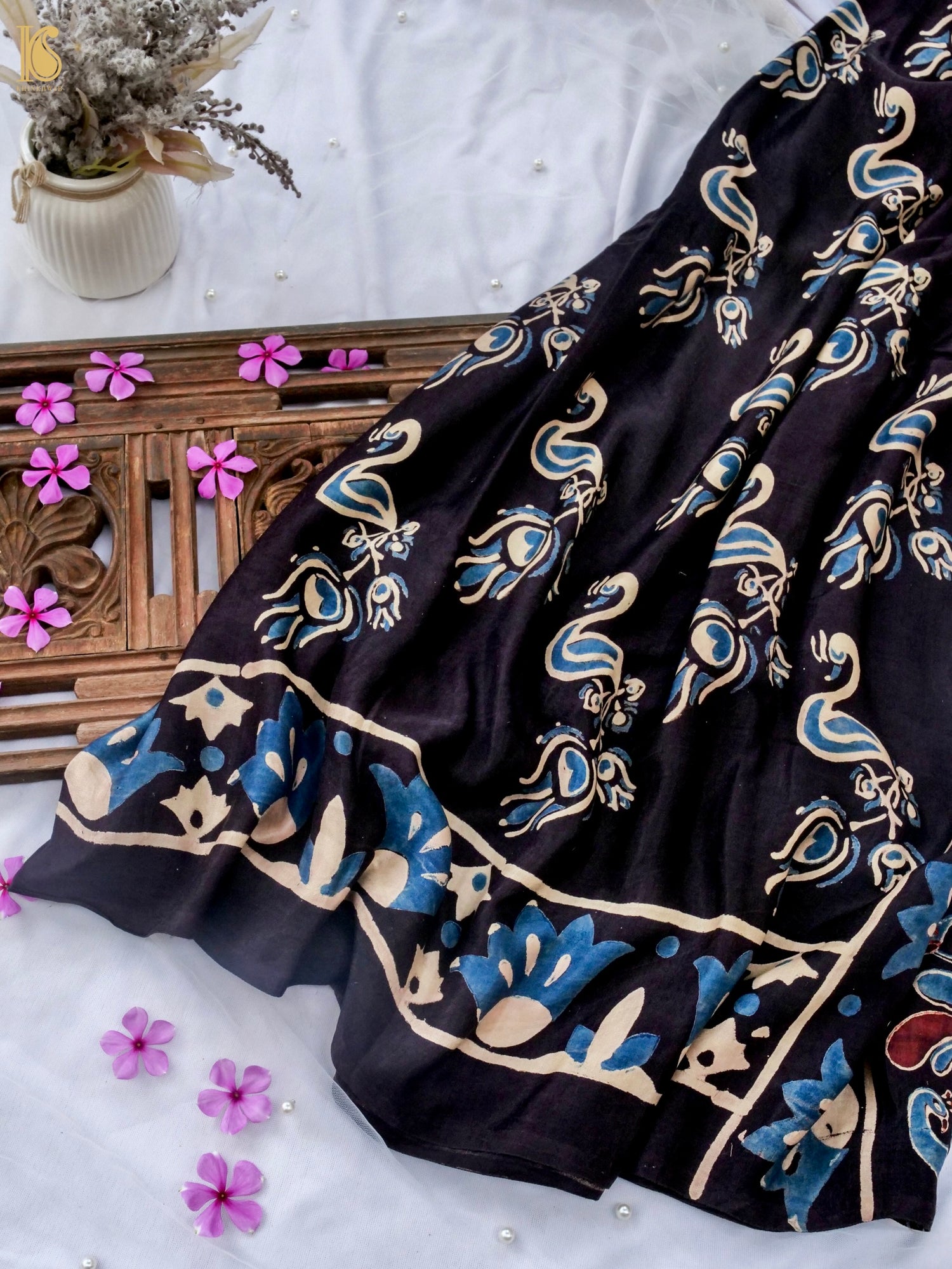 Hand Block Printed Gajji Silk Ajrakh Saree in Black