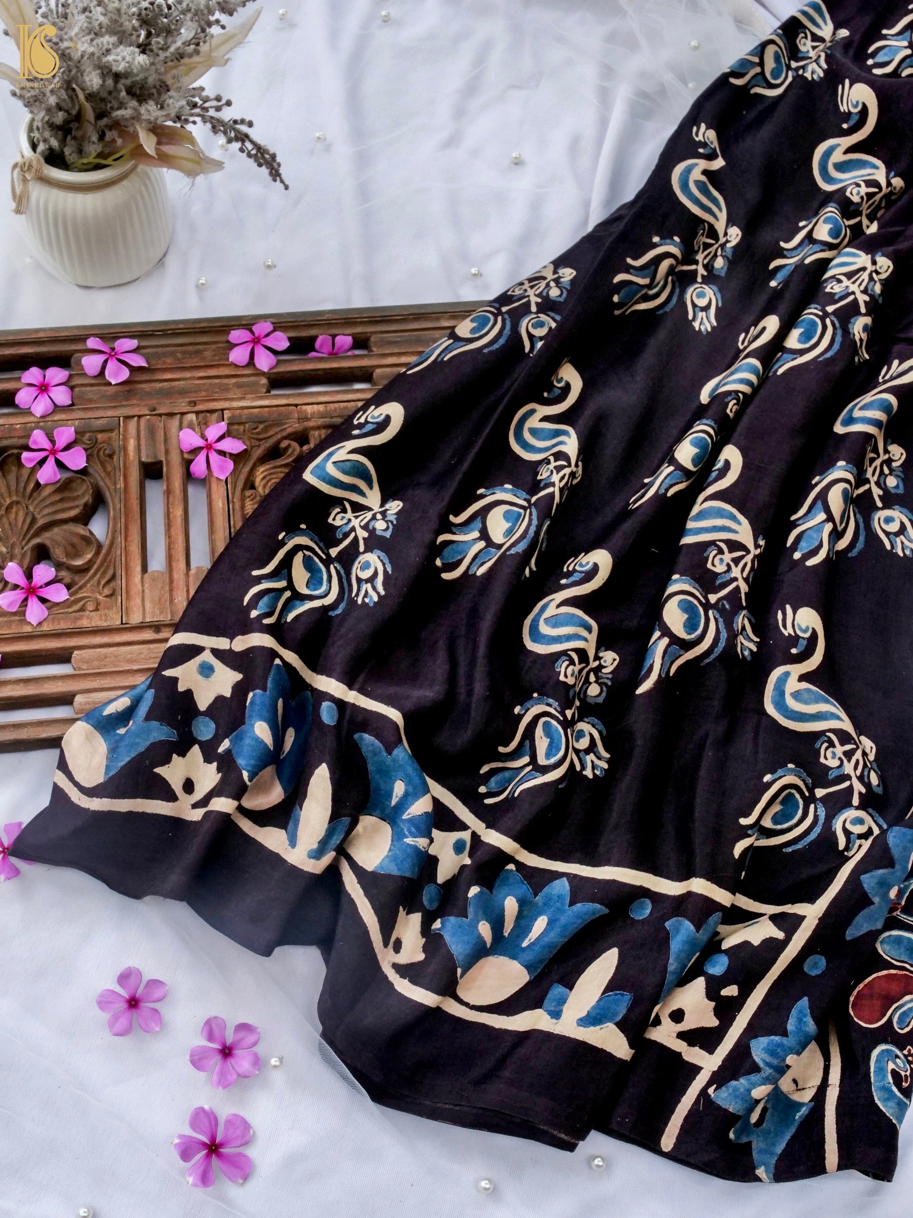 Hand Block Printed Gajji Silk Ajrakh Saree in Black