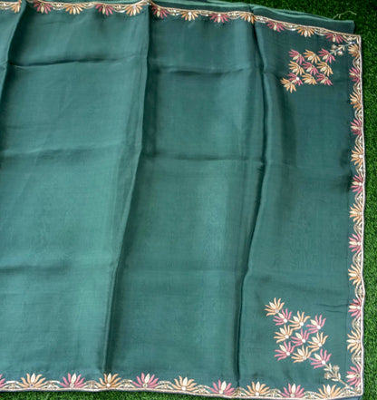 Georgette Organza Embroidery Saree in Green