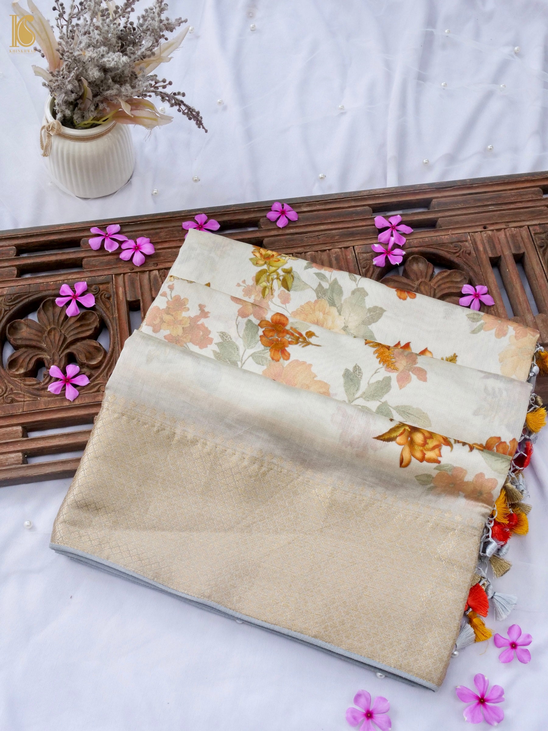 Beige Organza Silk Print Saree