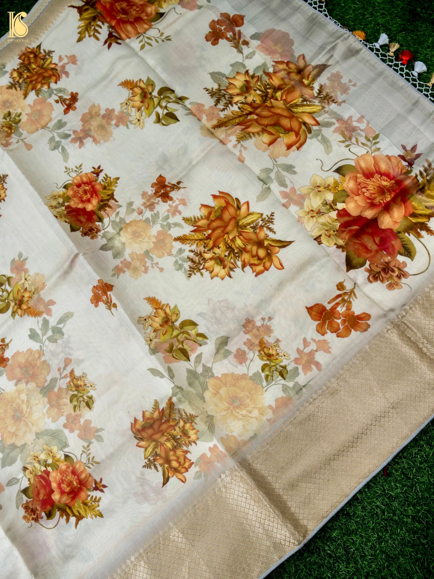 Beige Organza Silk Print Saree