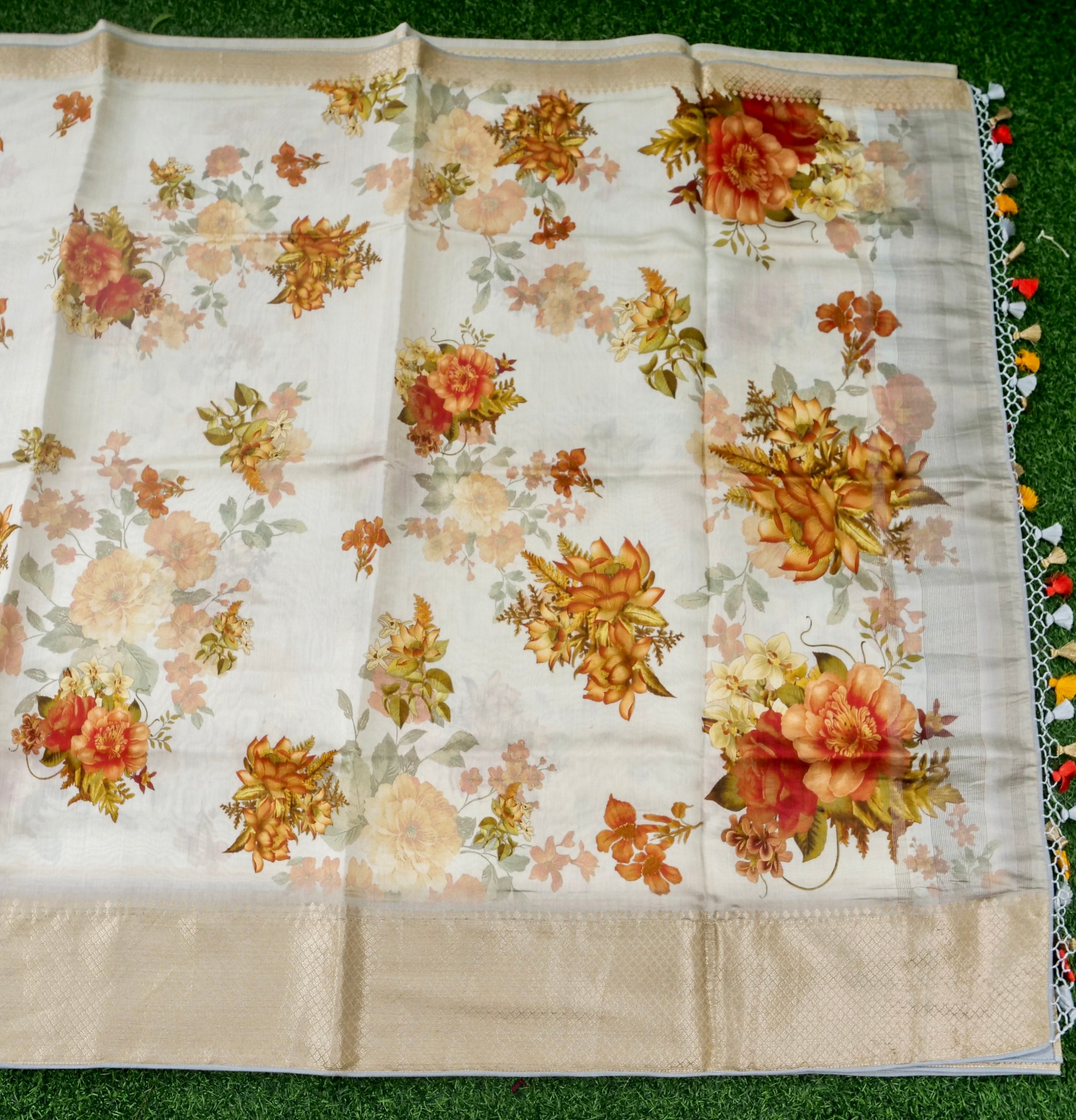 Beige Organza Silk Print Saree