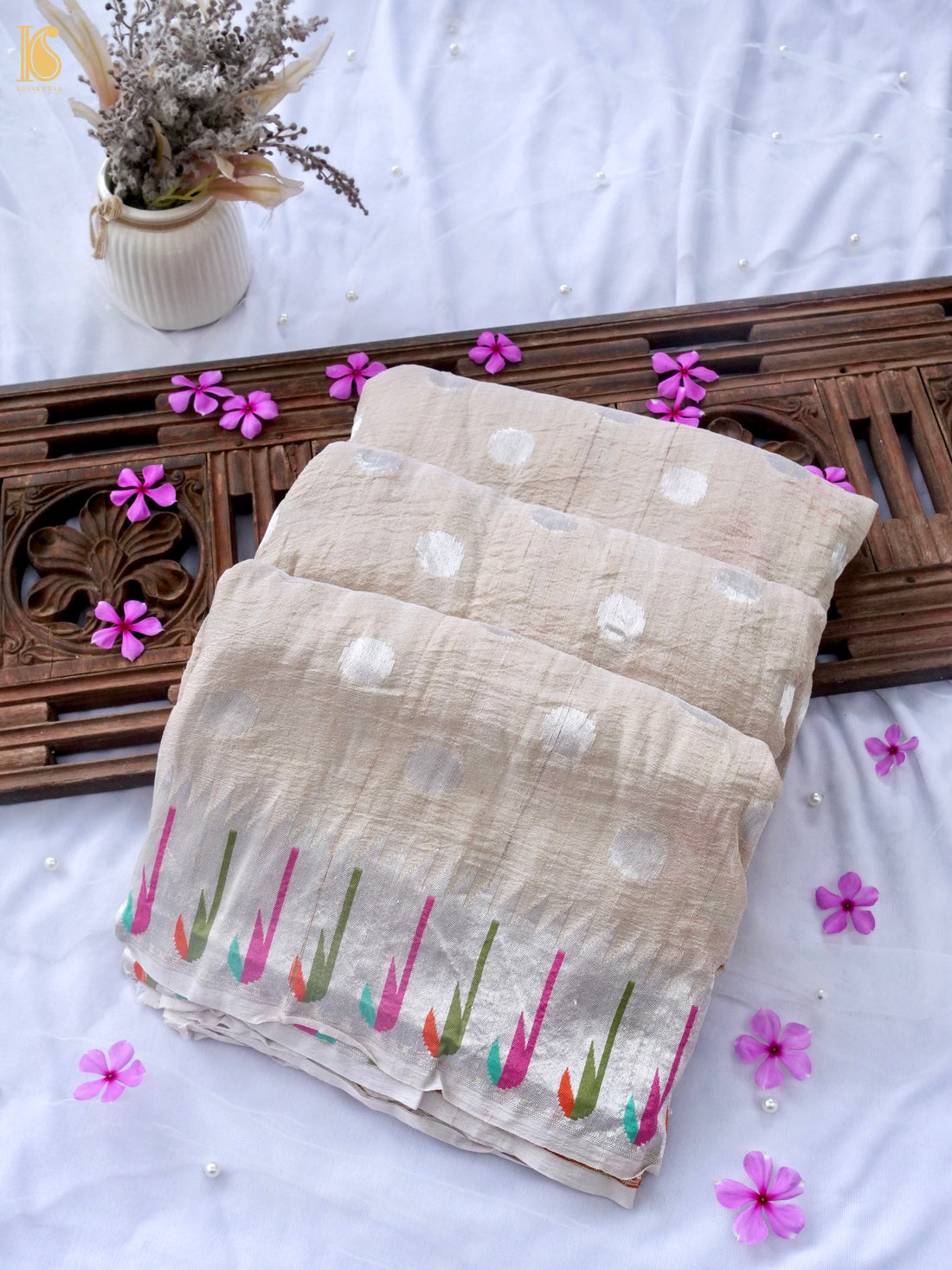 Handwoven Banarasi Tussar Silk Muniya Saree in Beige