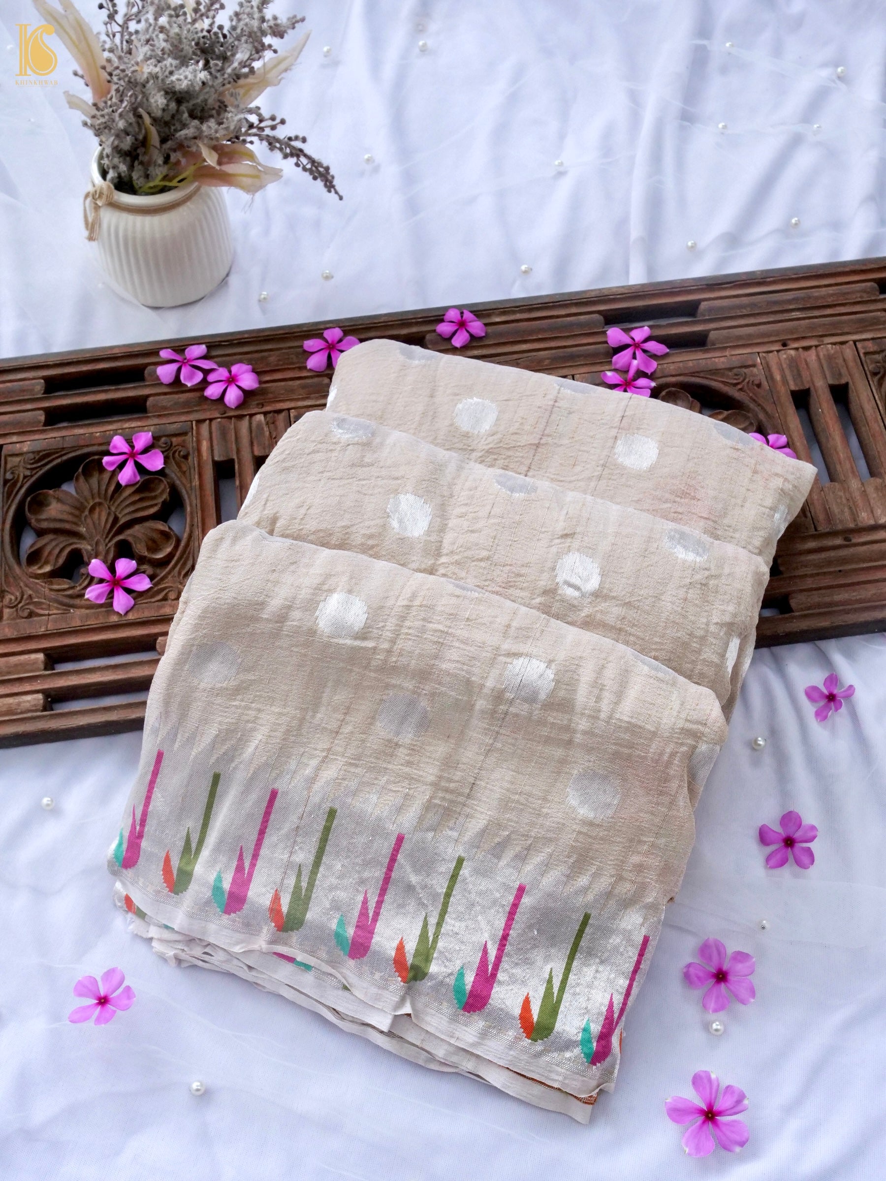 Handwoven Banarasi Tussar Silk Muniya Saree in Beige