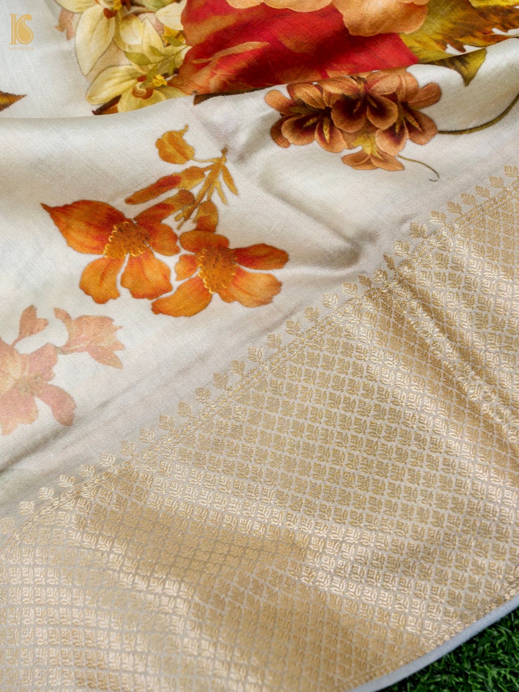 Beige Organza Silk Print Saree