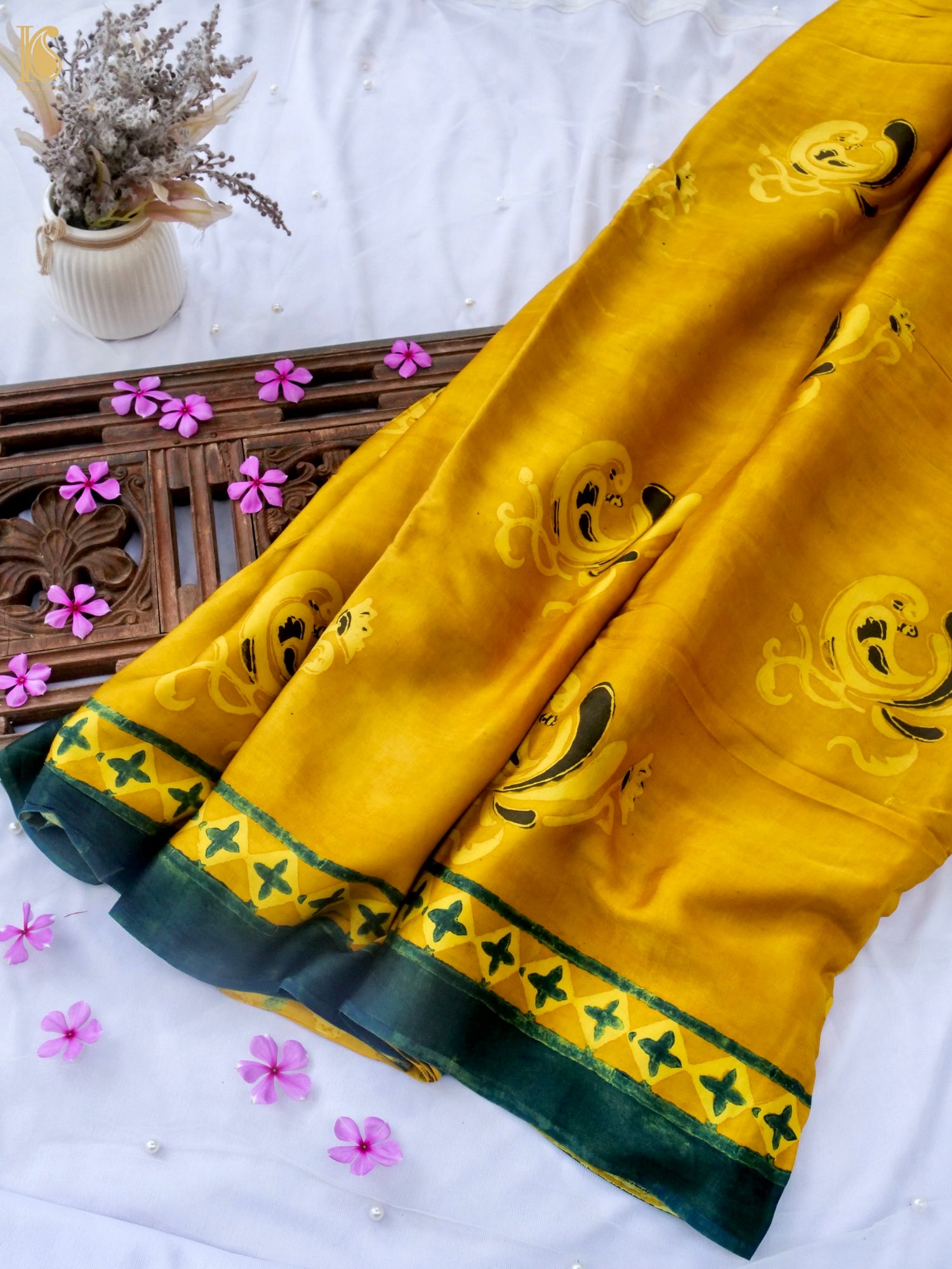 Hand Block Printed Ajrakh Modal Silk Saree in Mustard Yellow - Pakshi