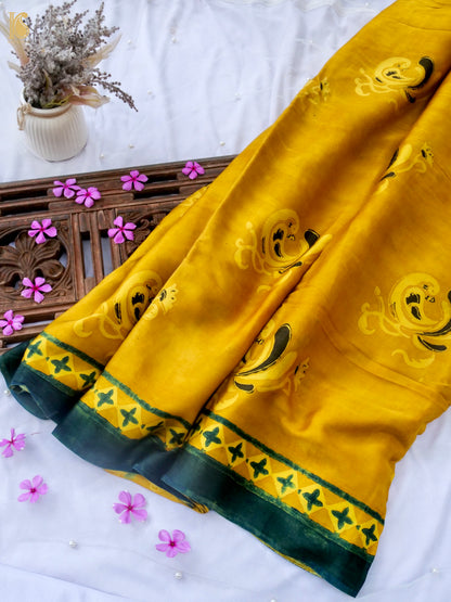 Hand Block Printed Ajrakh Modal Silk Saree in Mustard Yellow - Pakshi