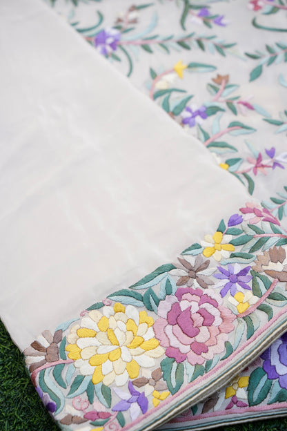 Handcrafted Parsi Gara Pure Crepe Saree in Ivory - Khinkhwab