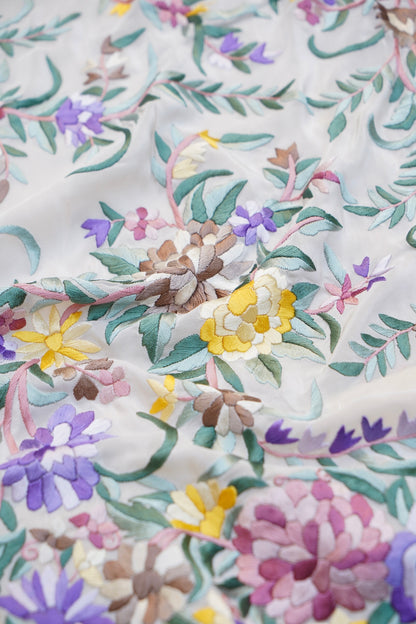 Handcrafted Parsi Gara Pure Crepe Saree in Ivory - Khinkhwab