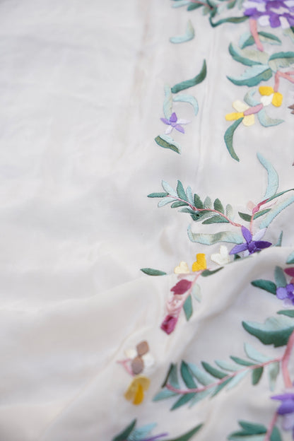 Handcrafted Parsi Gara Pure Crepe Saree in Ivory - Khinkhwab