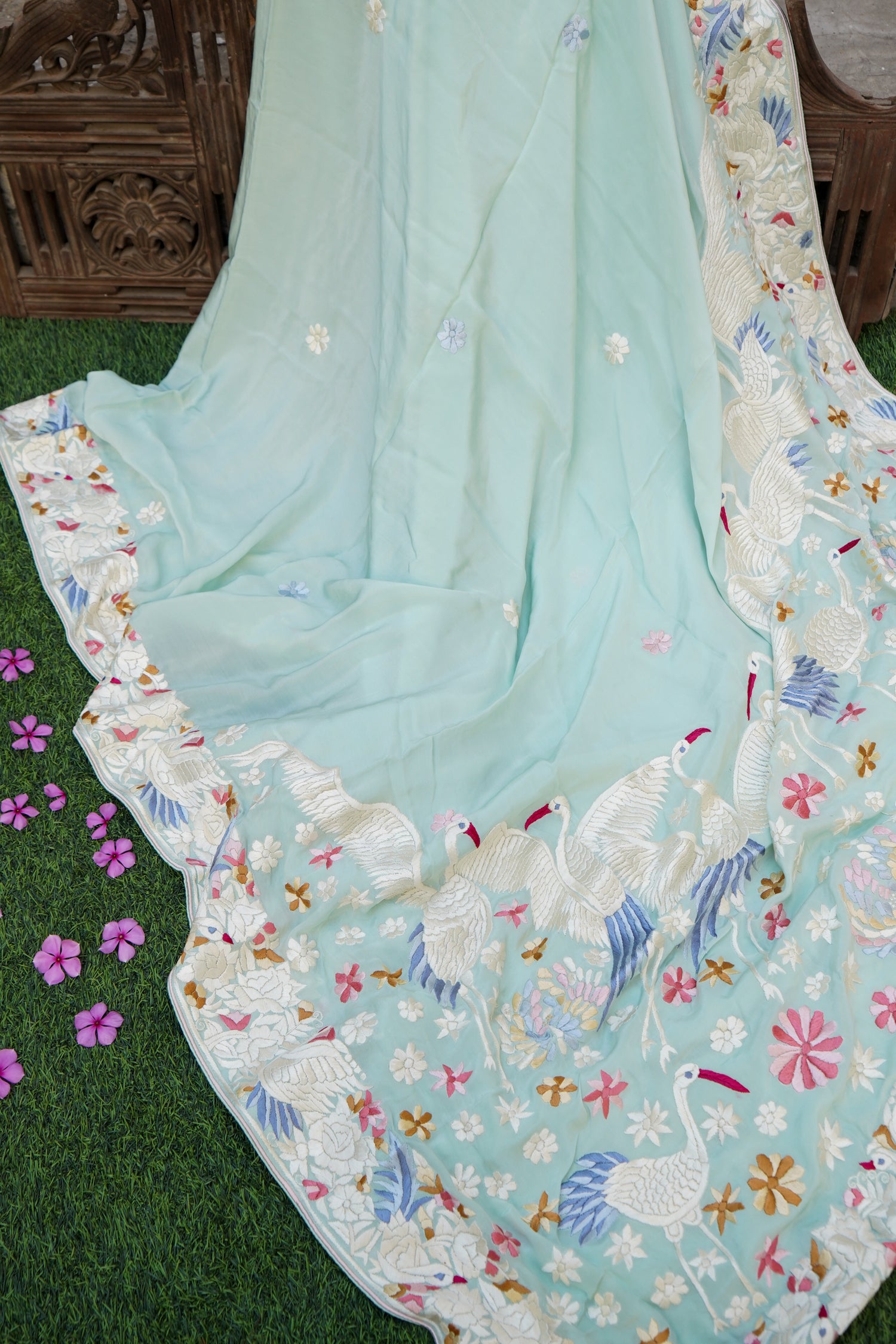 Handcrafted Parsi Gara Pure Crepe Saree in Mint - Khinkhwab