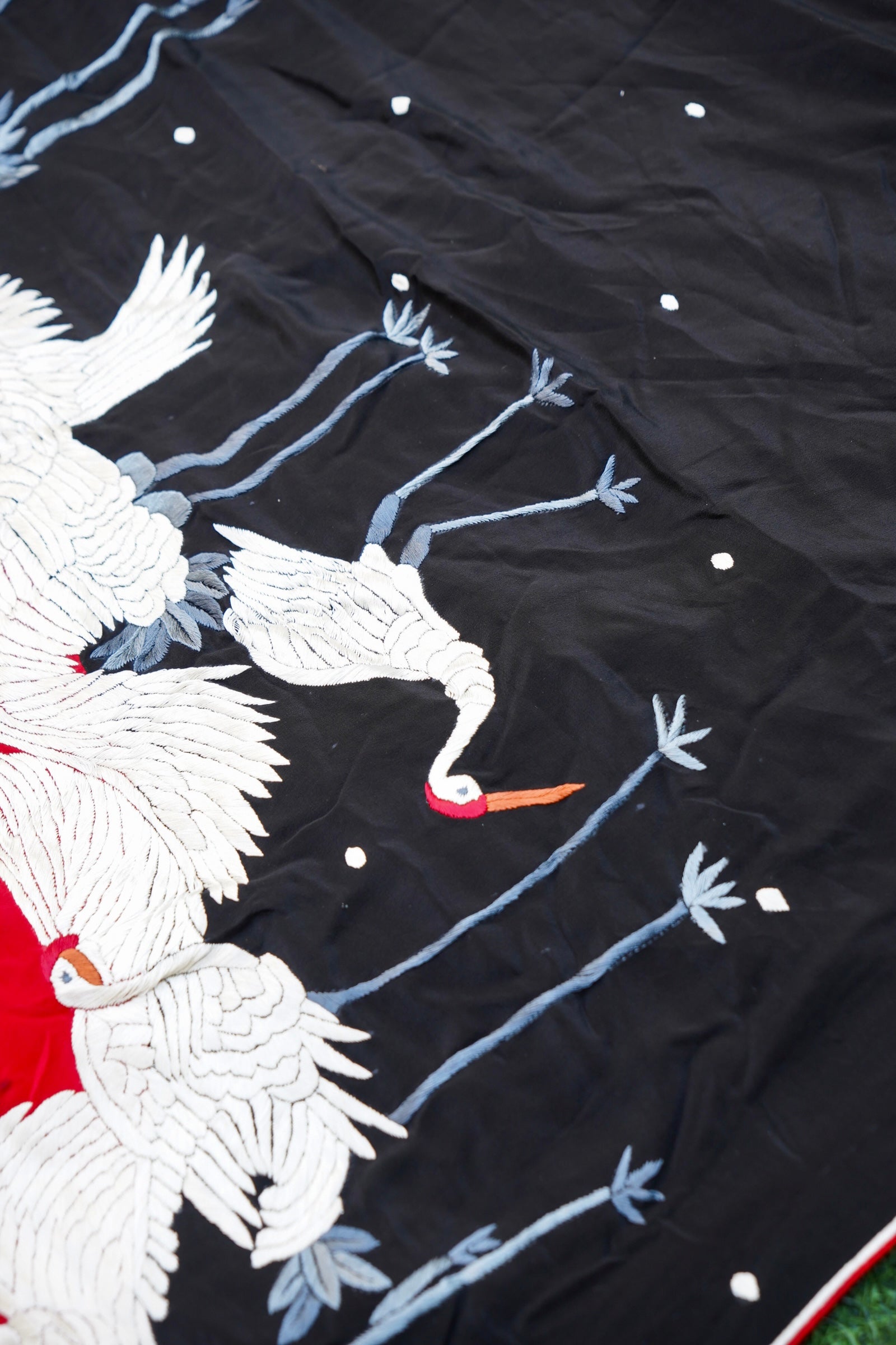 Handcrafted Parsi Gara Pure Crepe Saree in Red &amp; Black - Khinkhwab