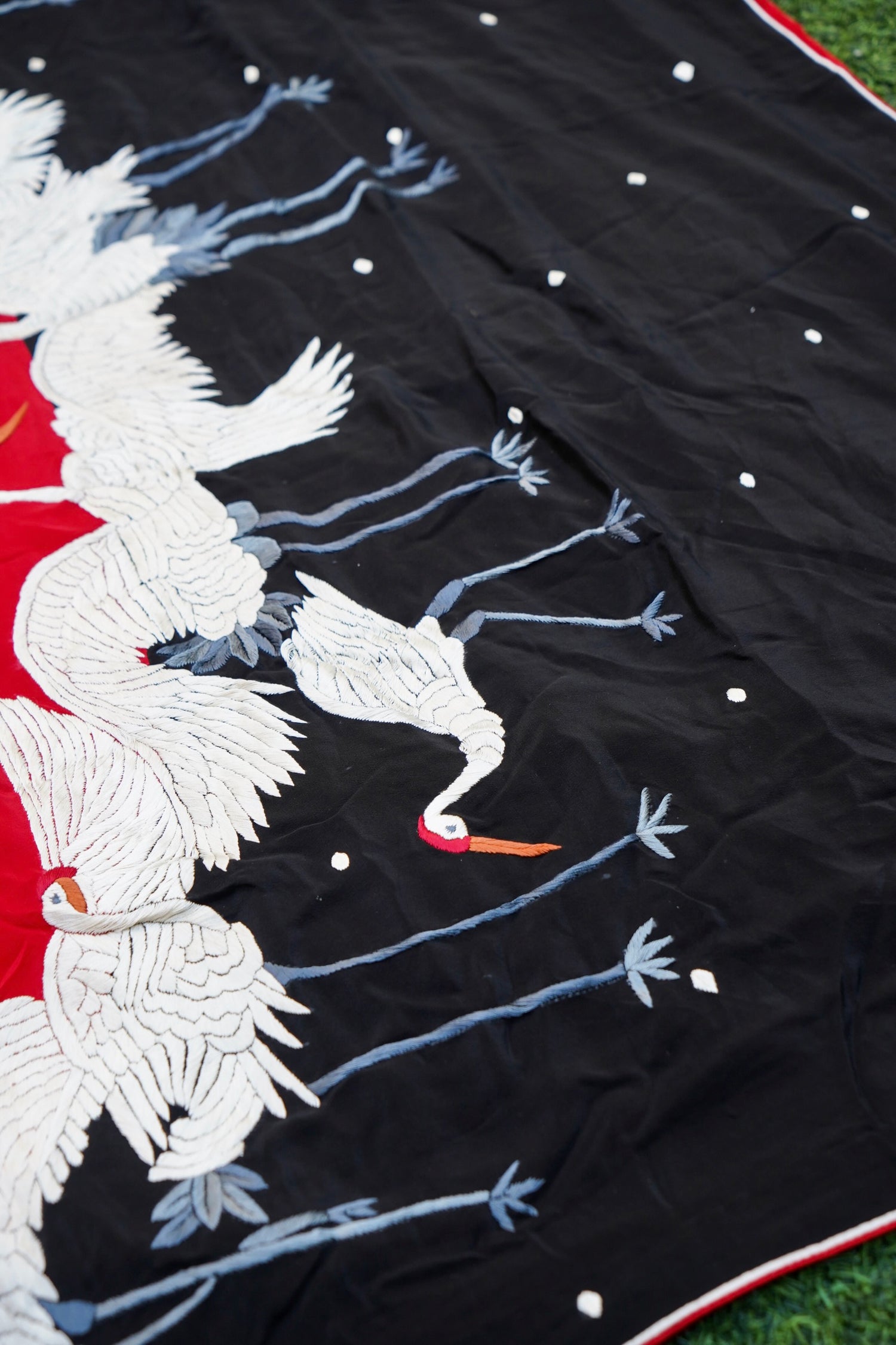 Handcrafted Parsi Gara Pure Crepe Saree in Red &amp; Black - Khinkhwab