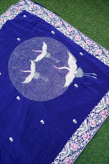 Handcrafted Parsi Gara Pure Crepe Saree in Royal Blue - Khinkhwab