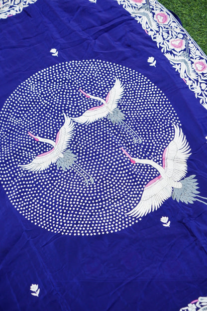 Handcrafted Parsi Gara Pure Crepe Saree in Royal Blue - Khinkhwab