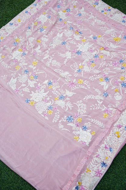 Handcrafted Parsi Gara Pure Crepe Saree in Blush Pink - Khinkhwab
