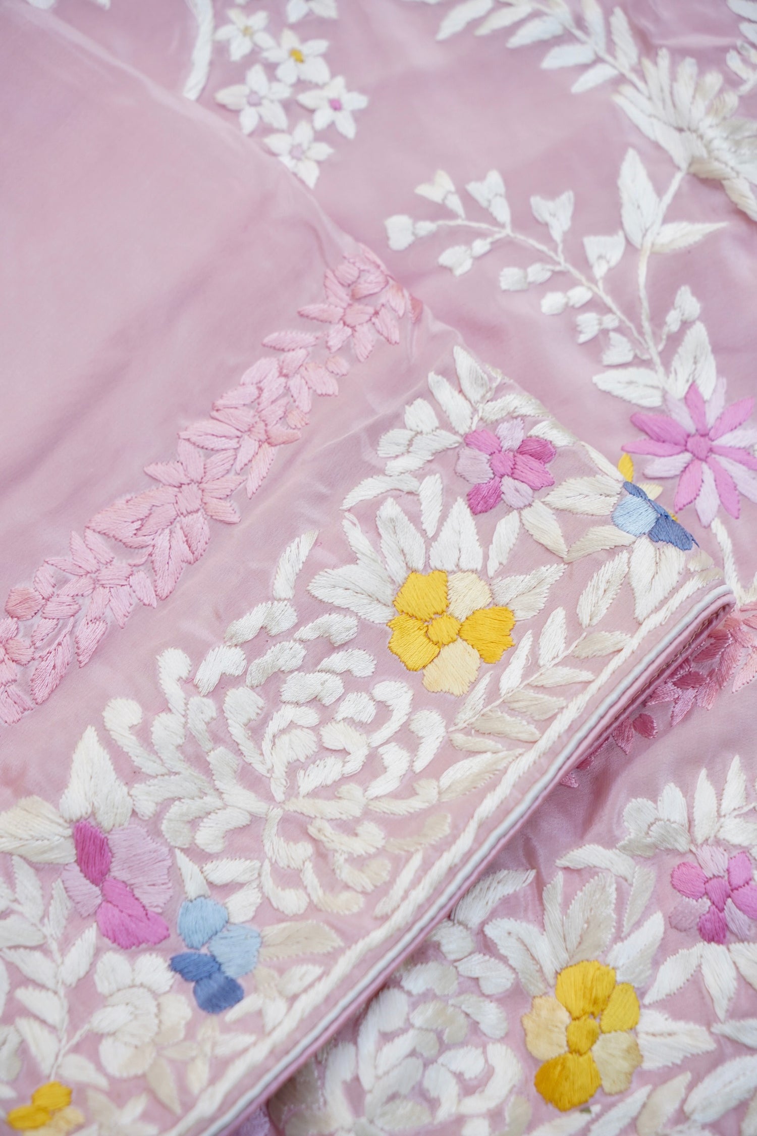 Handcrafted Parsi Gara Pure Crepe Saree in Blush Pink - Khinkhwab