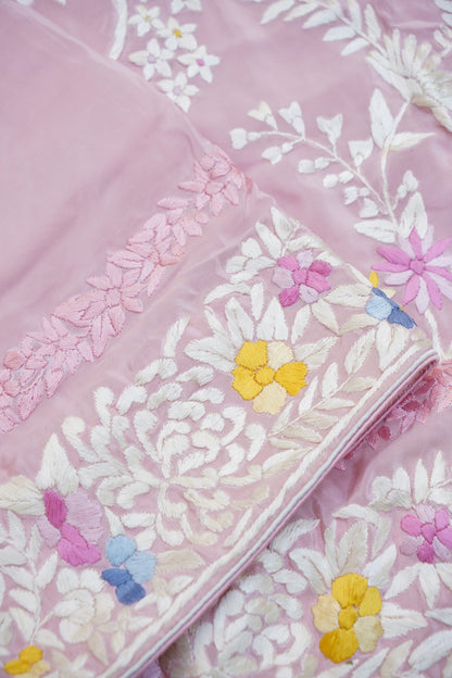 Handcrafted Parsi Gara Pure Crepe Saree in Blush Pink - Khinkhwab