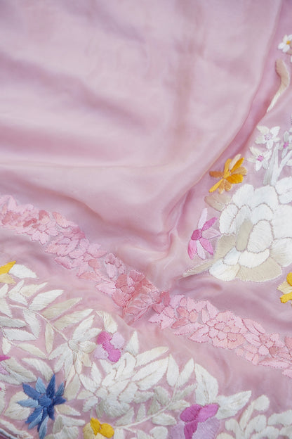 Handcrafted Parsi Gara Pure Crepe Saree in Blush Pink - Khinkhwab