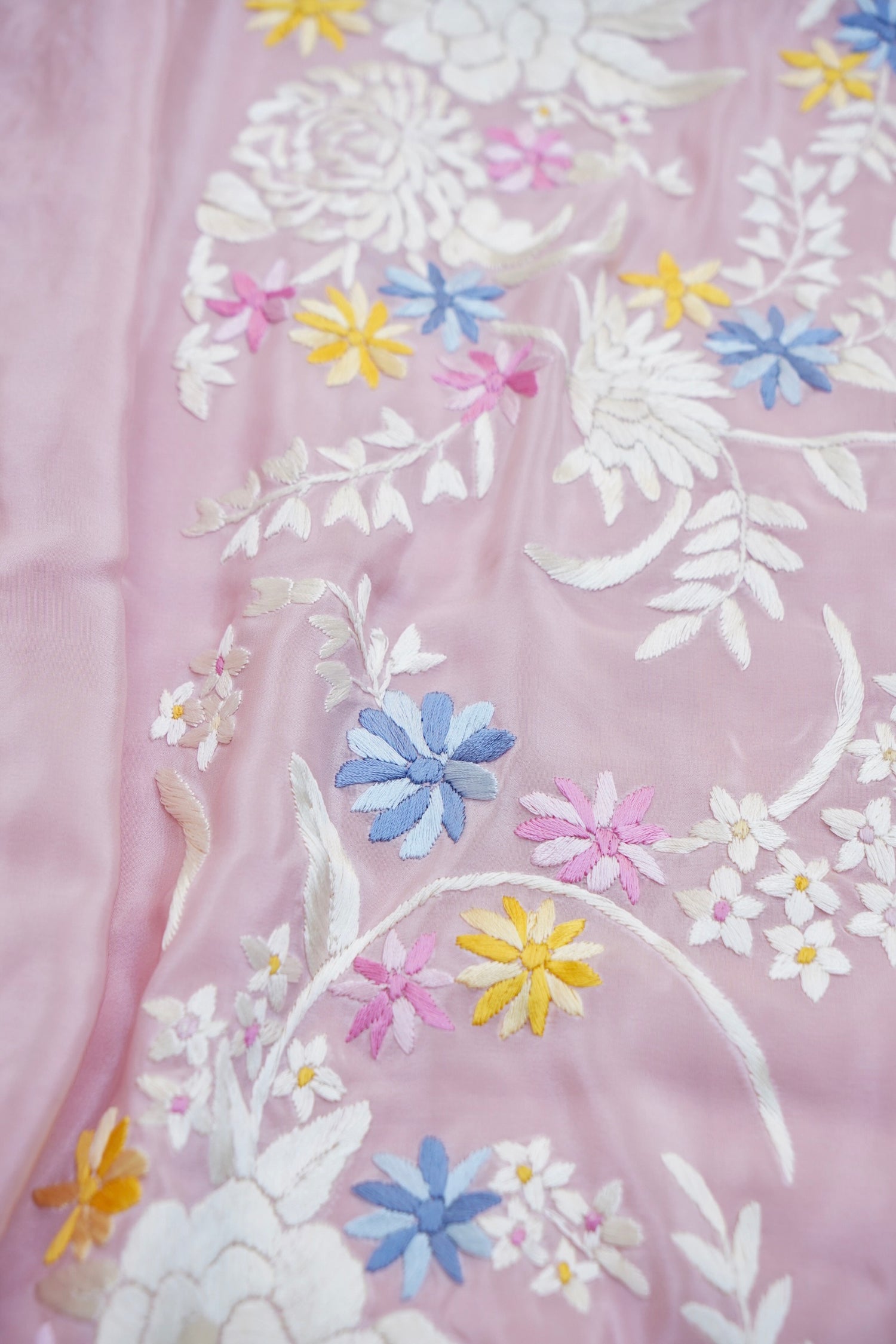 Handcrafted Parsi Gara Pure Crepe Saree in Blush Pink - Khinkhwab