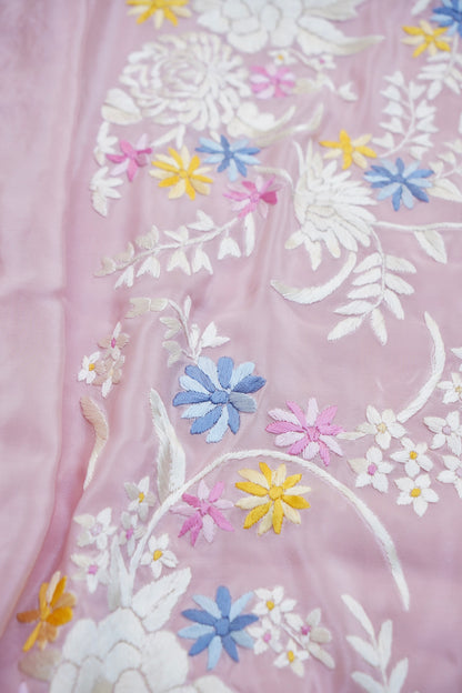 Handcrafted Parsi Gara Pure Crepe Saree in Blush Pink - Khinkhwab