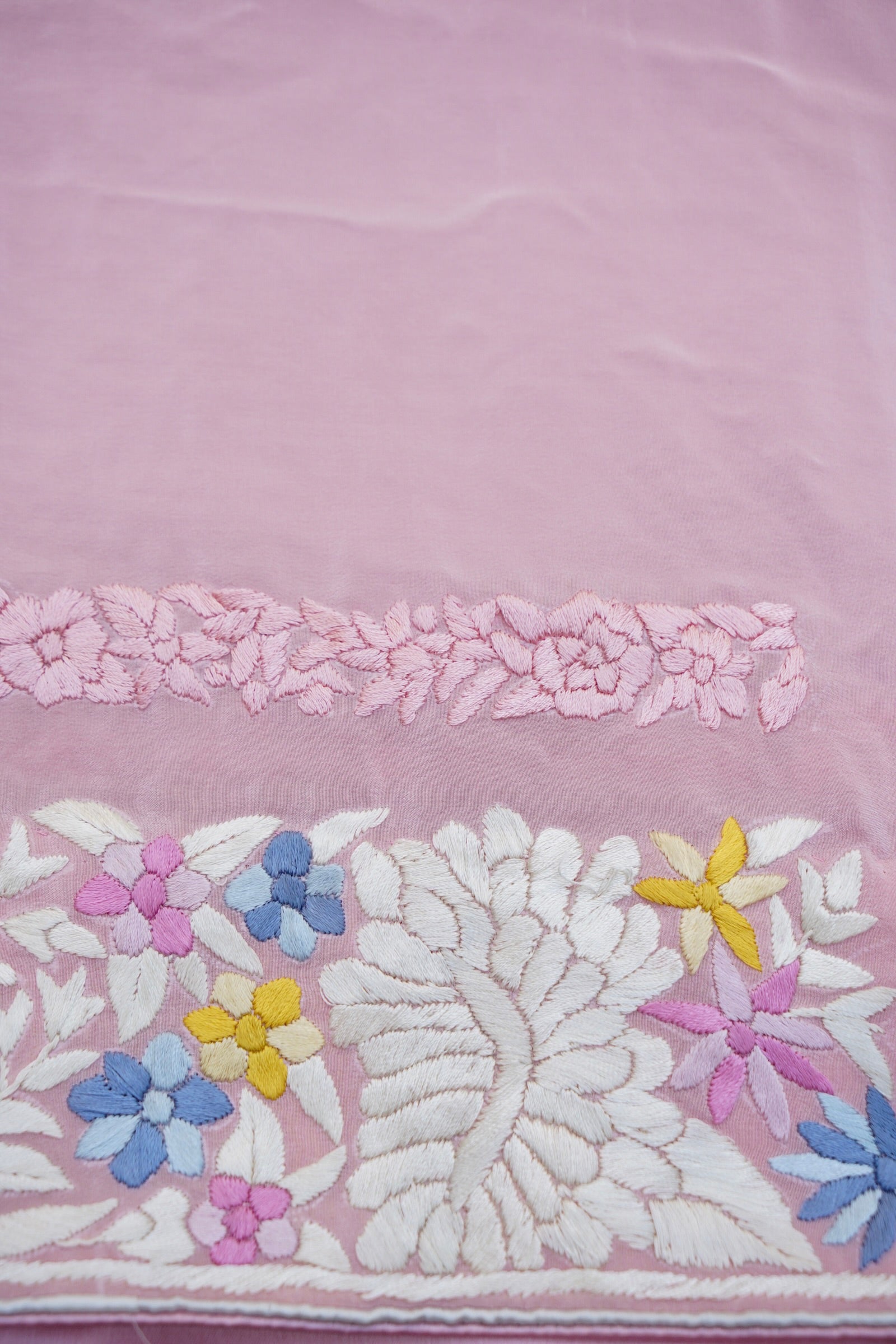 Handcrafted Parsi Gara Pure Crepe Saree in Blush Pink - Khinkhwab