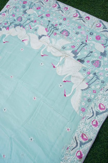 Handcrafted Parsi Gara Pure Crepe Saree in Ice Blue - Khinkhwab