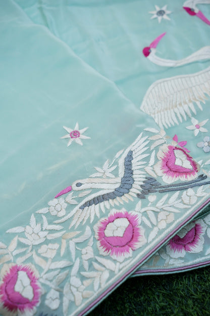 Handcrafted Parsi Gara Pure Crepe Saree in Ice Blue - Khinkhwab