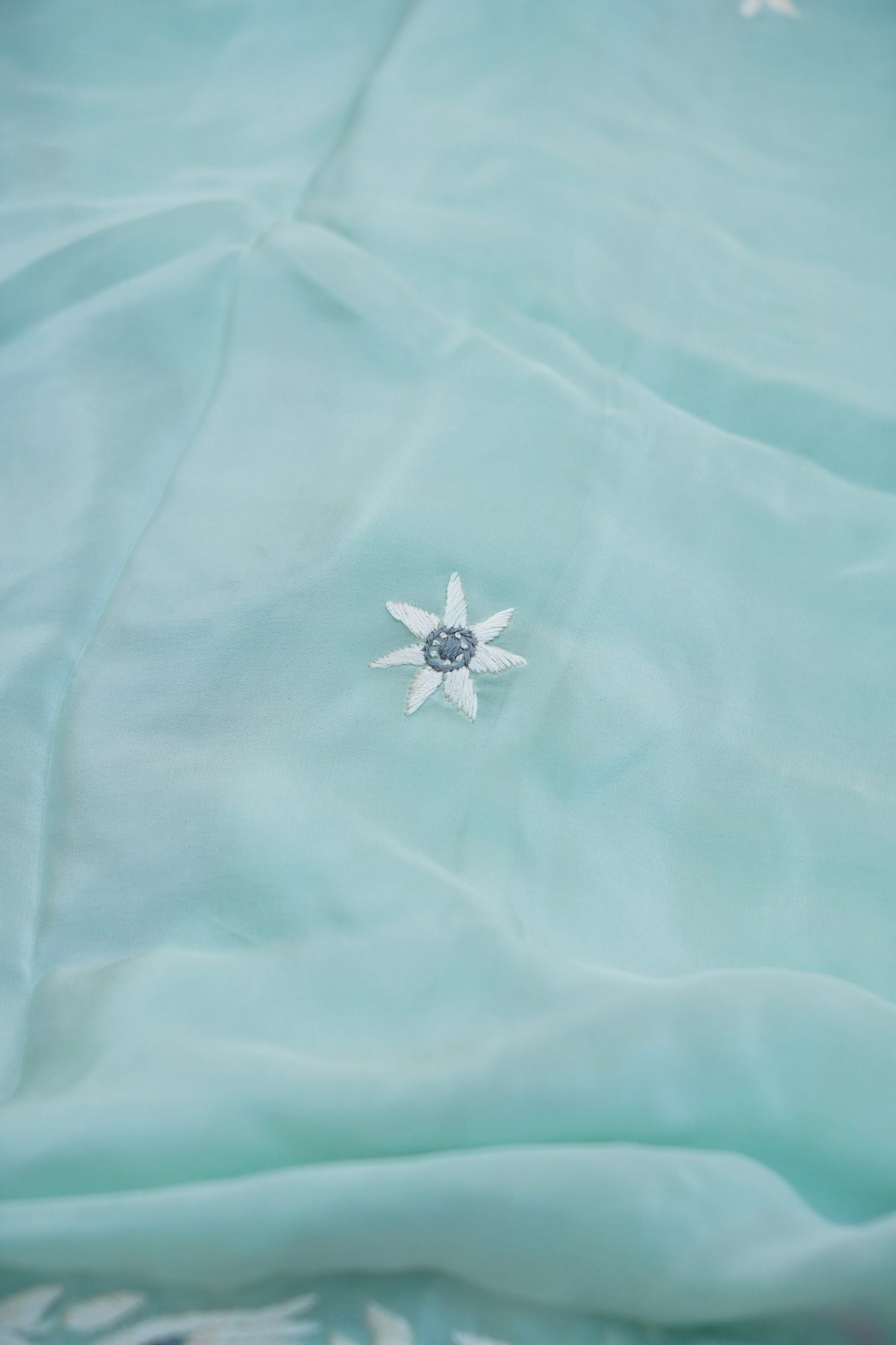 Handcrafted Parsi Gara Pure Crepe Saree in Ice Blue - Khinkhwab