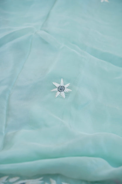 Handcrafted Parsi Gara Pure Crepe Saree in Ice Blue - Khinkhwab