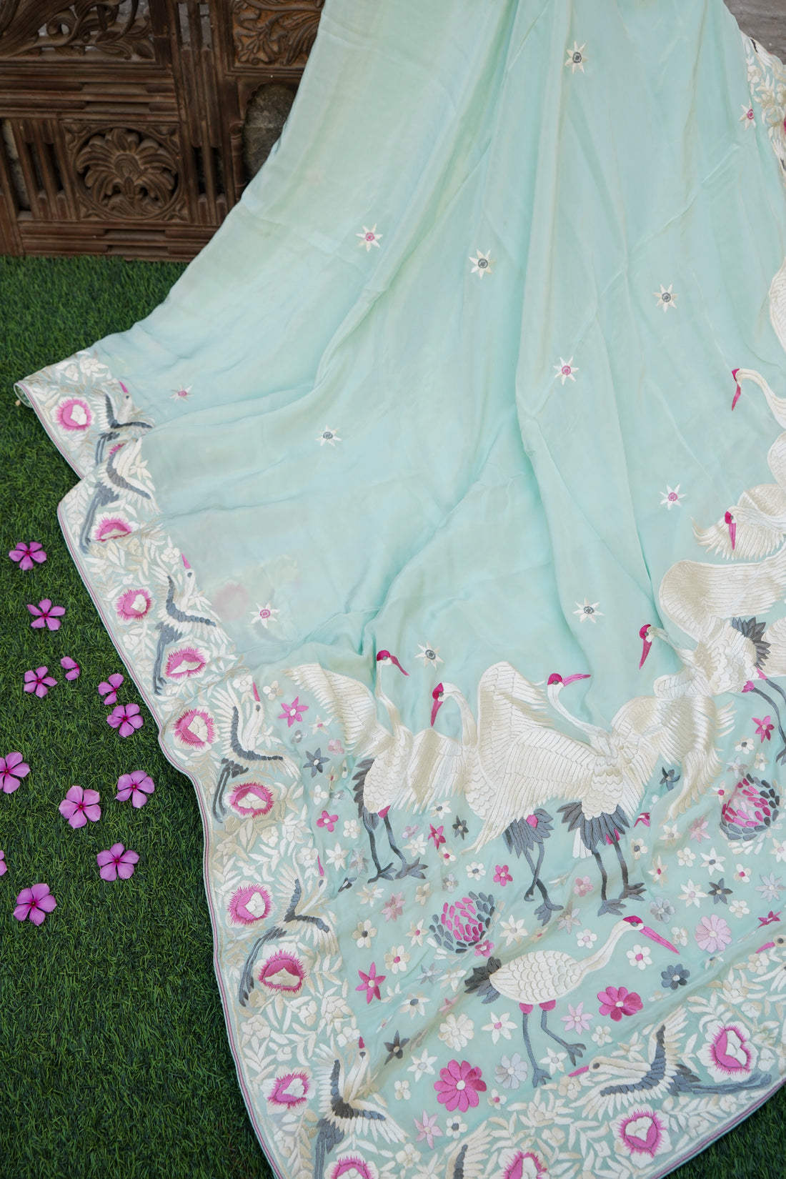 Handcrafted Parsi Gara Pure Crepe Saree in Ice Blue - Khinkhwab