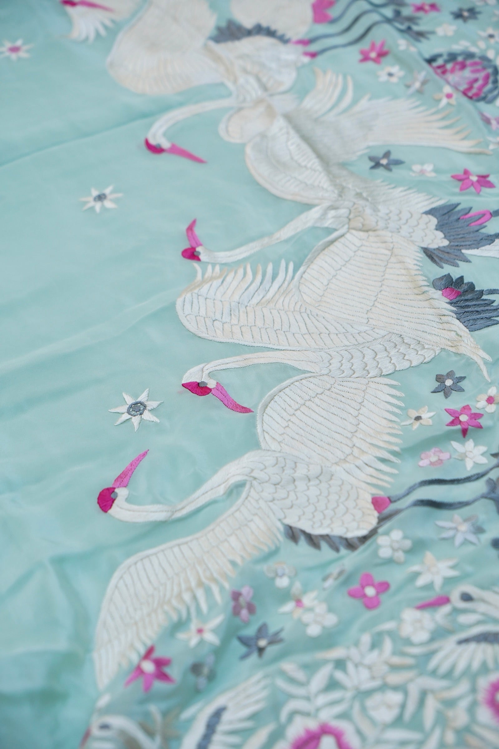 Handcrafted Parsi Gara Pure Crepe Saree in Ice Blue - Khinkhwab