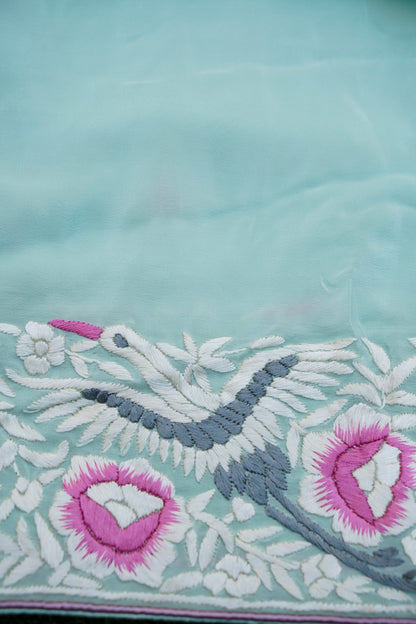 Handcrafted Parsi Gara Pure Crepe Saree in Ice Blue - Khinkhwab