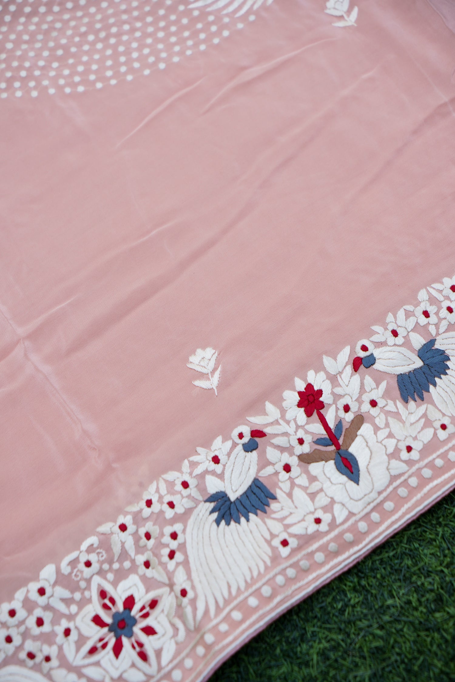 Handcrafted Parsi Gara Pure Crepe Saree in Peach - Khinkhwab