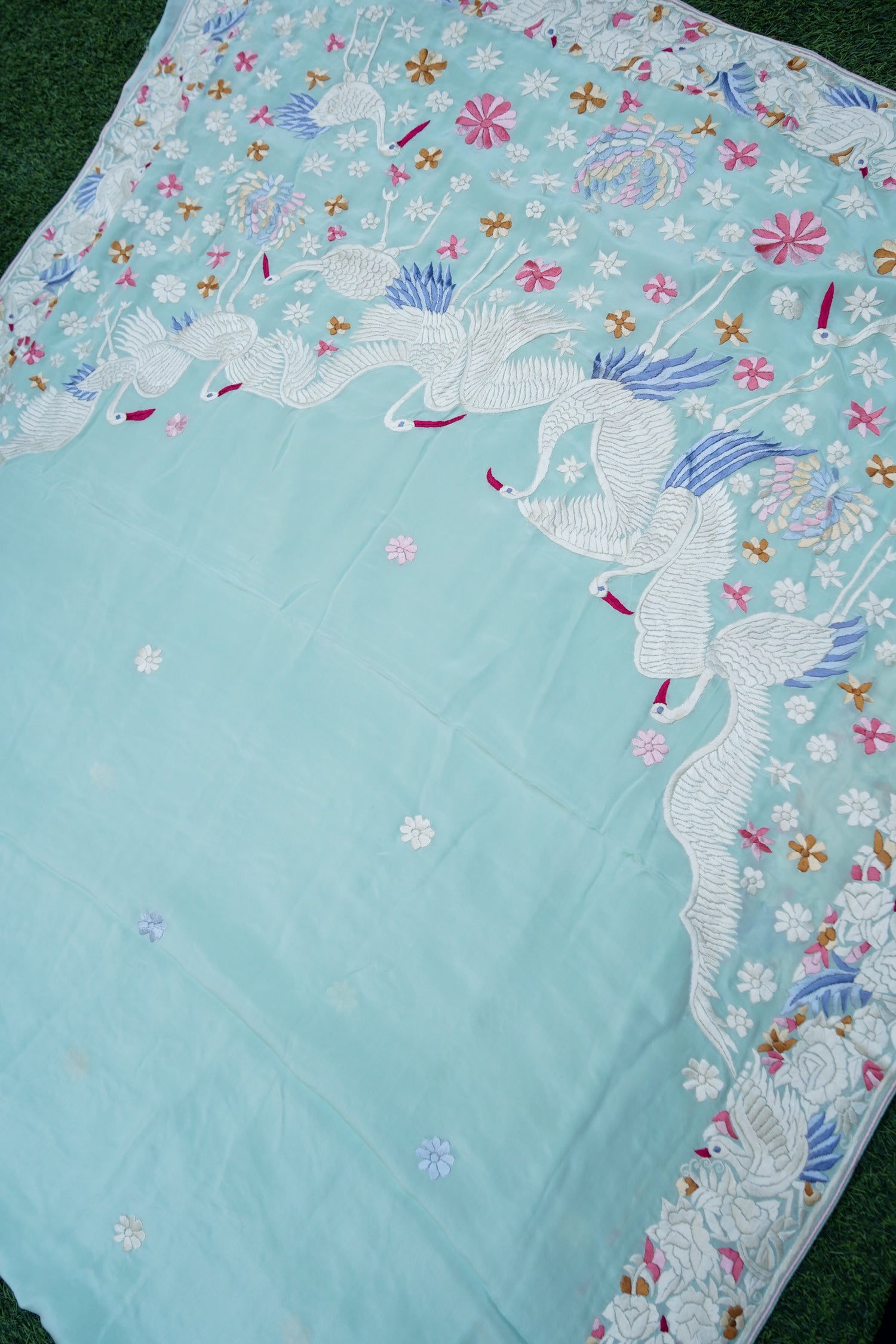 Handcrafted Parsi Gara Pure Crepe Saree in Mint - Khinkhwab