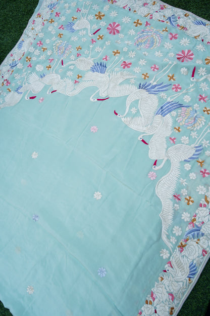 Handcrafted Parsi Gara Pure Crepe Saree in Mint - Khinkhwab