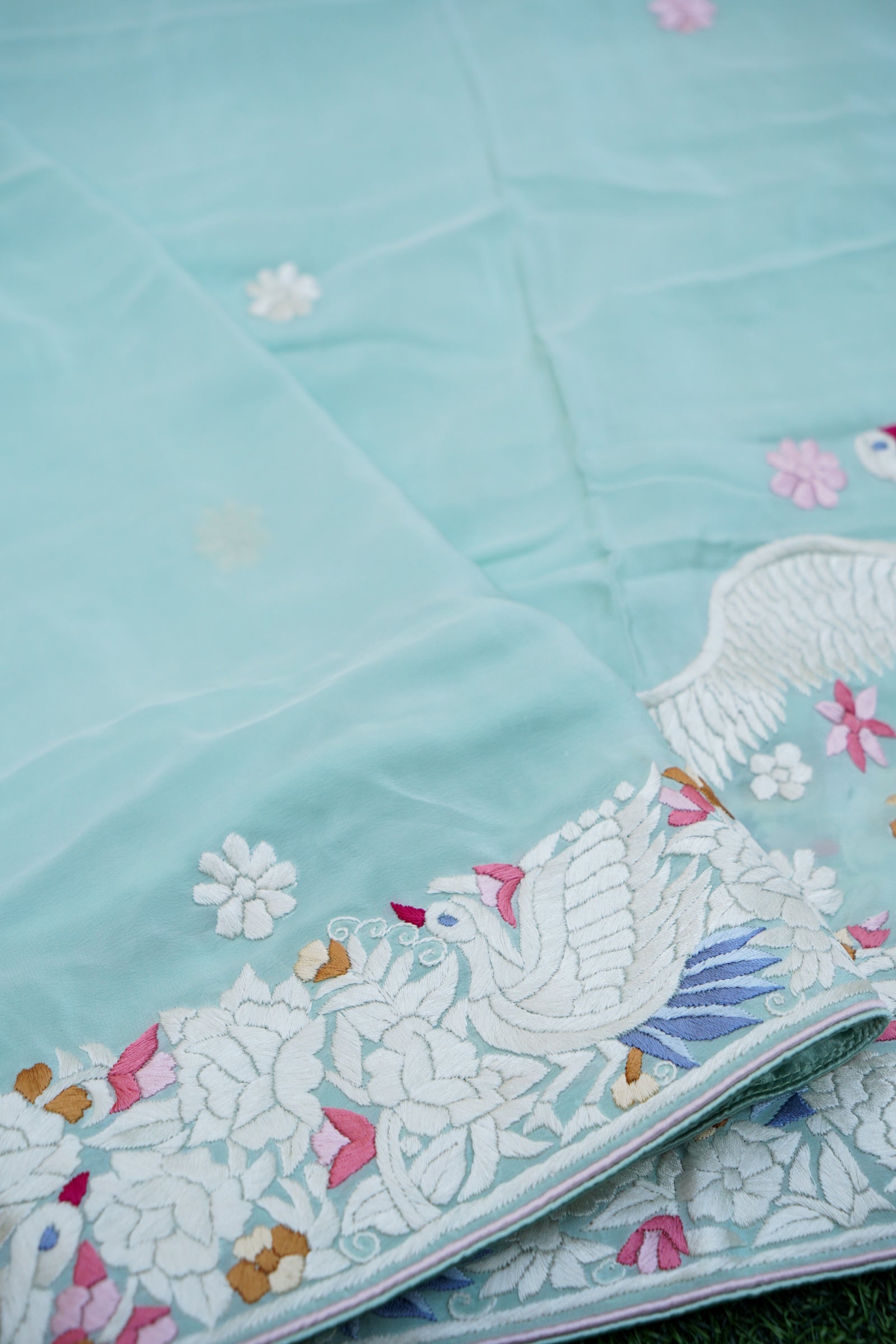 Handcrafted Parsi Gara Pure Crepe Saree in Mint - Khinkhwab