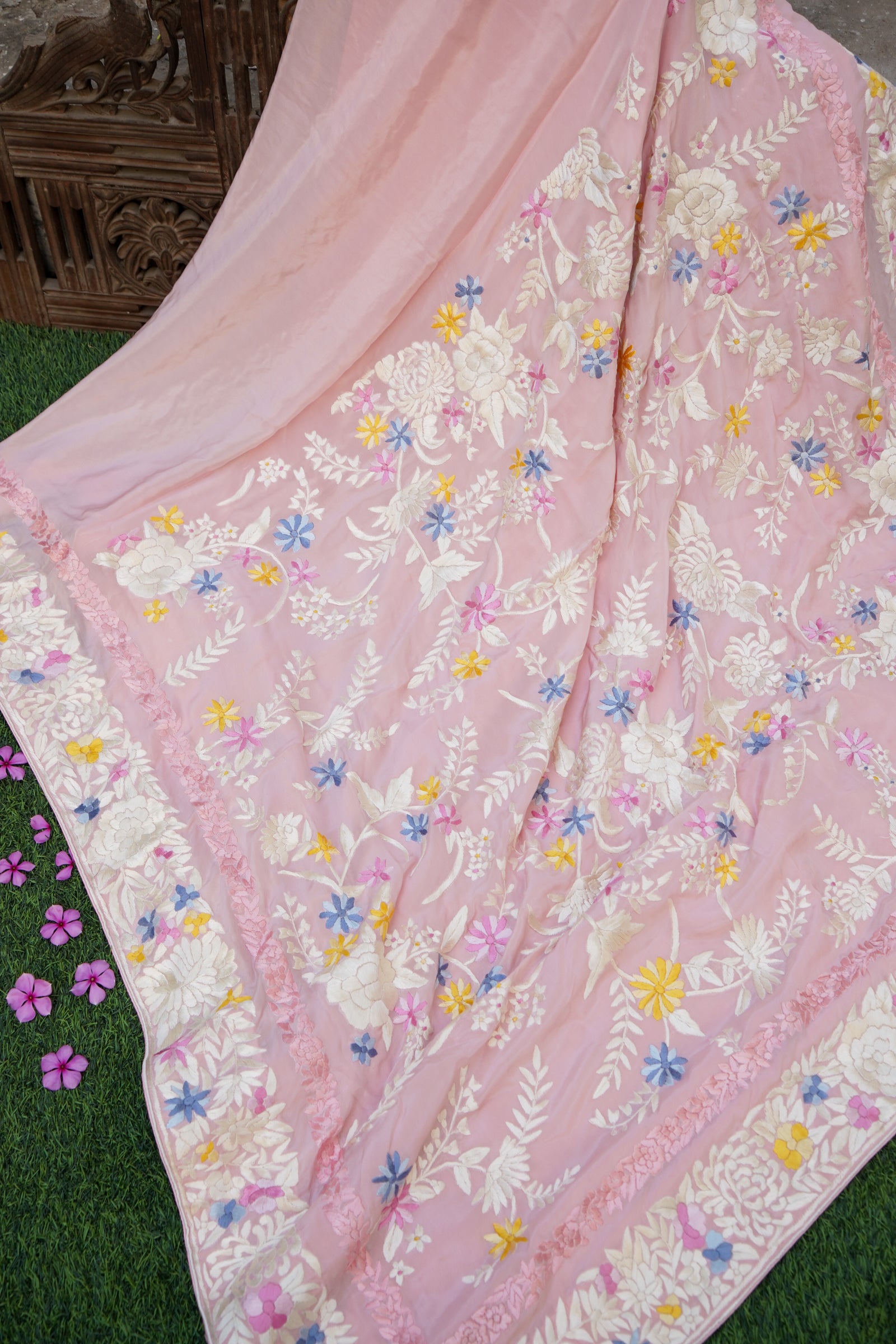 Handcrafted Parsi Gara Pure Crepe Saree in Blush Pink - Khinkhwab