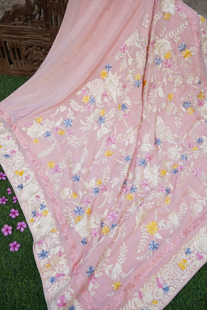 Handcrafted Parsi Gara Pure Crepe Saree in Blush Pink - Khinkhwab