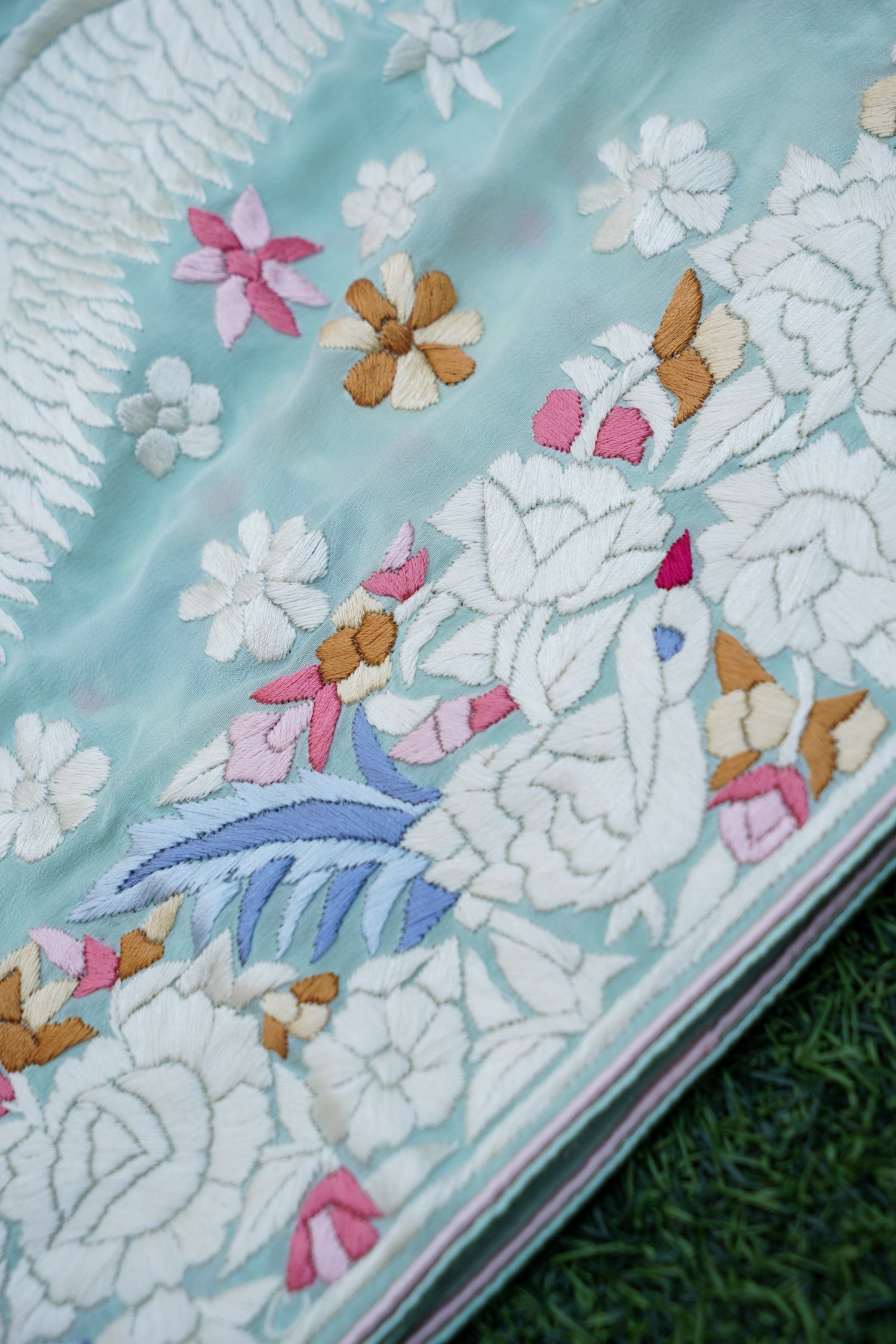 Handcrafted Parsi Gara Pure Crepe Saree in Mint - Khinkhwab