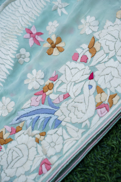 Handcrafted Parsi Gara Pure Crepe Saree in Mint - Khinkhwab