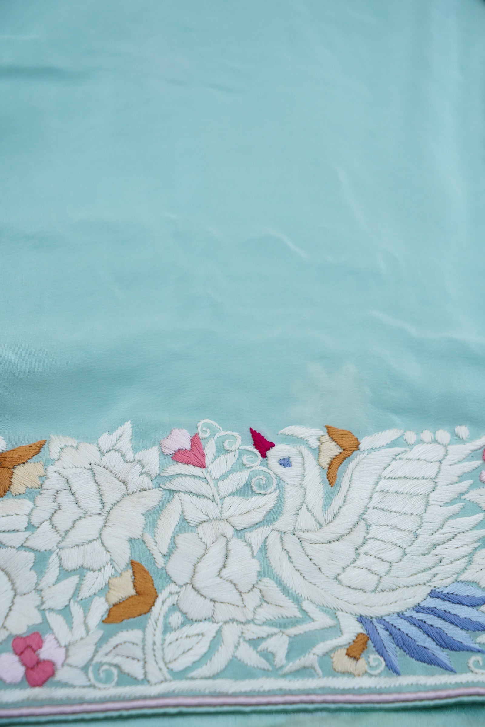 Handcrafted Parsi Gara Pure Crepe Saree in Mint - Khinkhwab