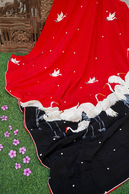 Handcrafted Parsi Gara Pure Crepe Saree in Red &amp; Black - Khinkhwab