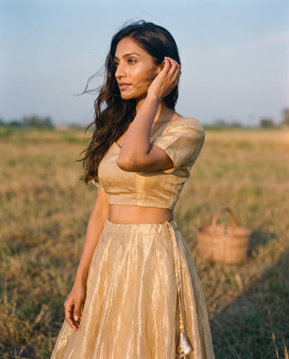 Customisable Tissue Silk Lehenga with Blouse in Gold