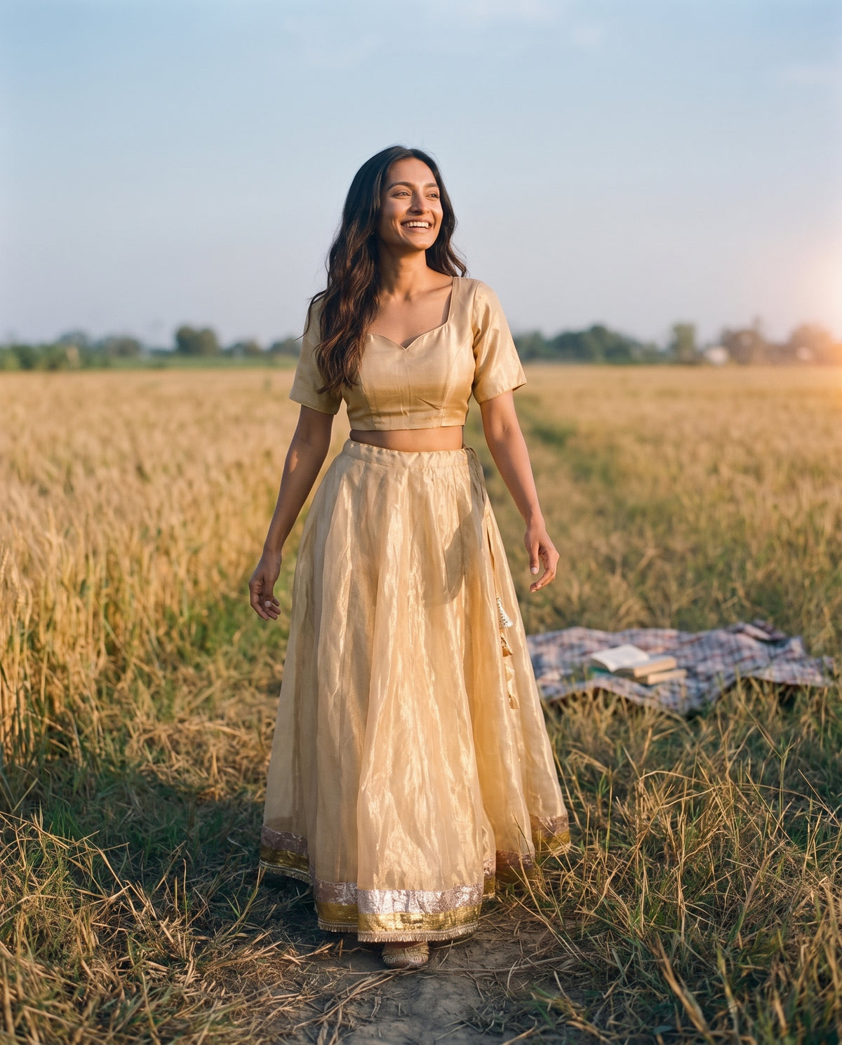 Customisable Tissue Silk Lehenga with Blouse in Gold