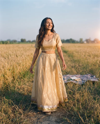 Customisable Tissue Silk Lehenga with Blouse in Gold